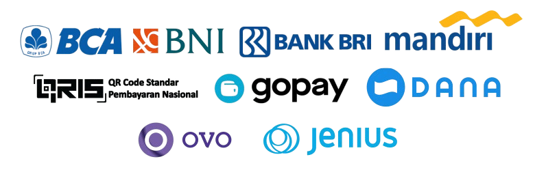 Bank BCA, Bank BNI, Bank BRI, Bank Mandiri, E-wallet QRIS, E-wallet Gopay, E-wallet Dana, E-wallet Ovo, E-wallet Jenius